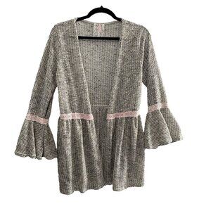 MAUVE Women Open Front Sweater Size M Gray Pink Lace Bell Sleeves Casual 21-6